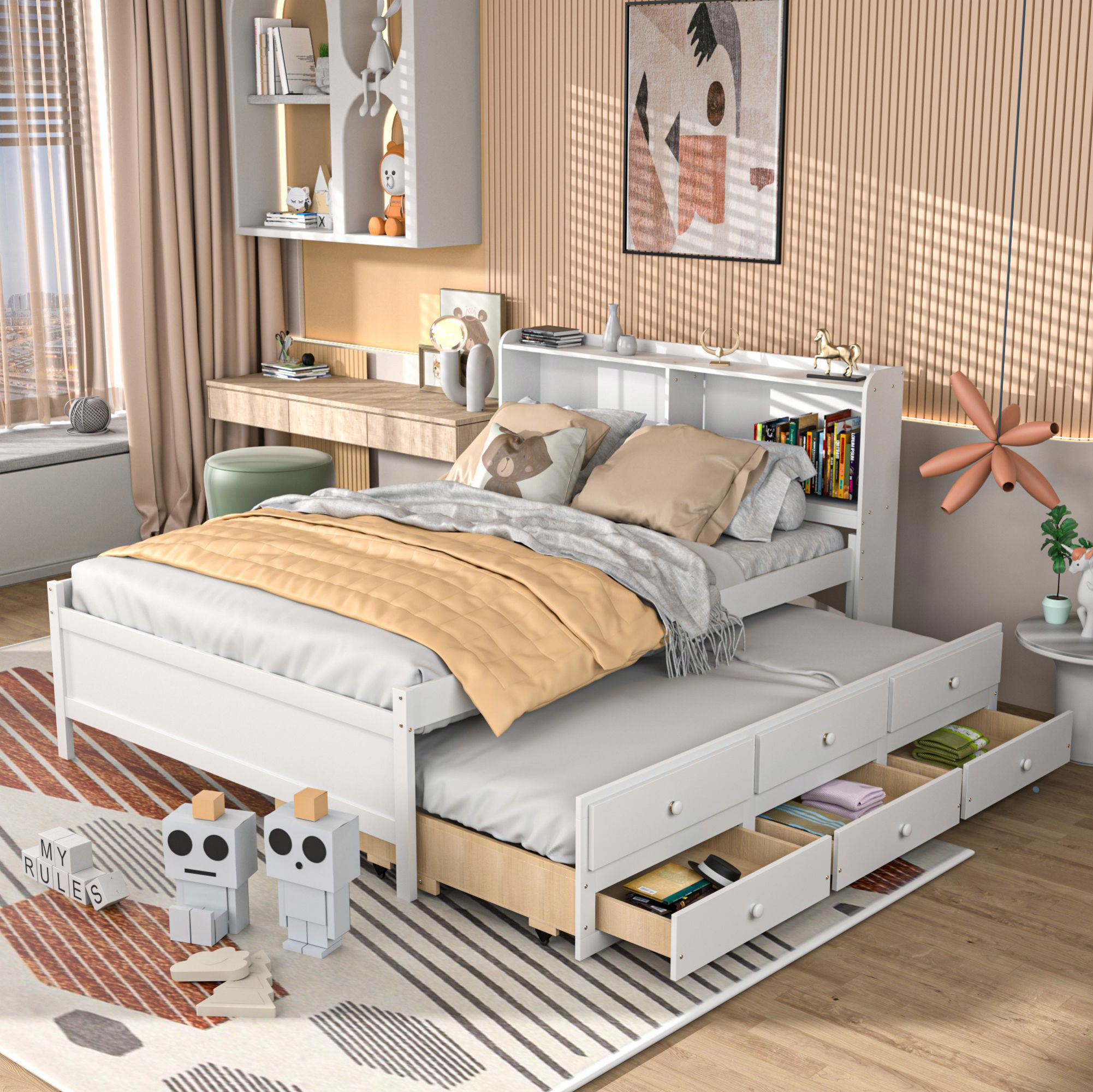 Fainche Kids Bed Platform Standard Bed with Bookcase and Twin Trundle and 3 Storage Drawers Harriet Bee Bed Frame Color Gray Size Full